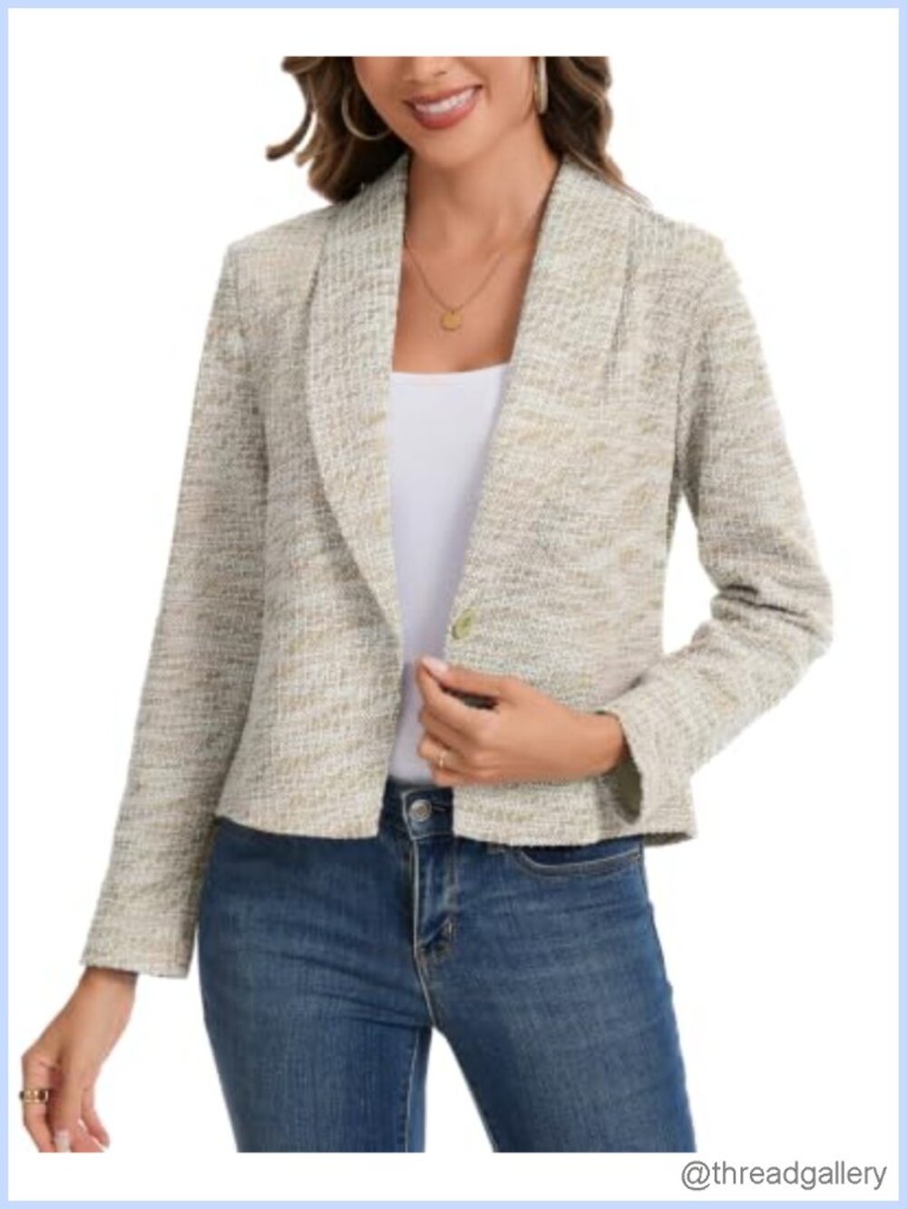 Cropped Tweed Blazer Women Long Sleeve Shawl Lapel Short Jacket